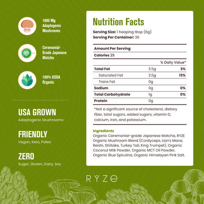 RYZE Mushroom Matcha - with 6 Organic Adaptogenic Mushrooms Grown In USA and Ceremonial-Grade Japanese Matcha